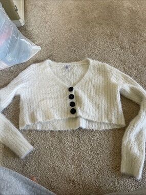 Urban Outfitters White Fuzzy Cropped Cardigan with Black Buttons